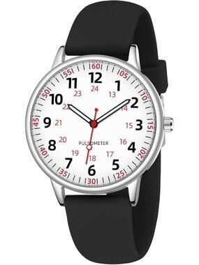 Women's Black Analog Silicone Rubber Band Second Hand Nursing Waterproof Watch